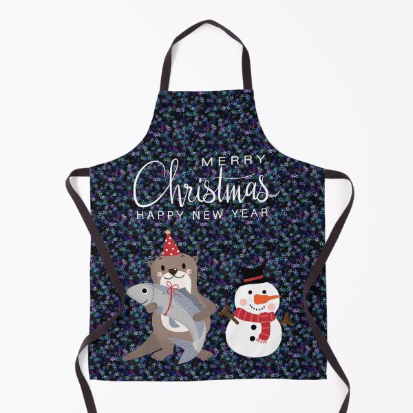 Item preview, Christmas otter (holding a gift fish) with a snowman (stars/lights/snow background) designed and sold by SolidEarthArt.