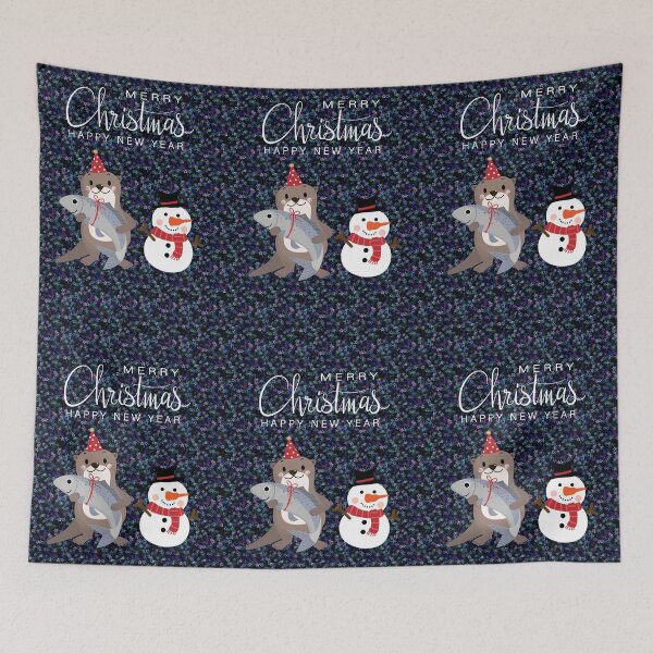 Item preview, Christmas otter (holding a gift fish) with a snowman (stars/lights/snow background) designed and sold by SolidEarthArt.