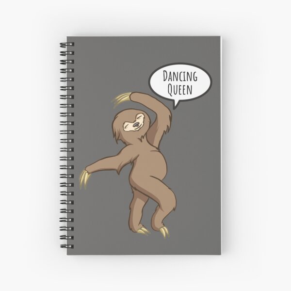 A full- length dancing sloth with a calm face and an inscription Dancing Queen art for dance lovers Spiral Notebook