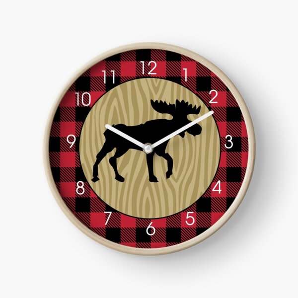 Rustic Moose with Buffalo Plaid Clock