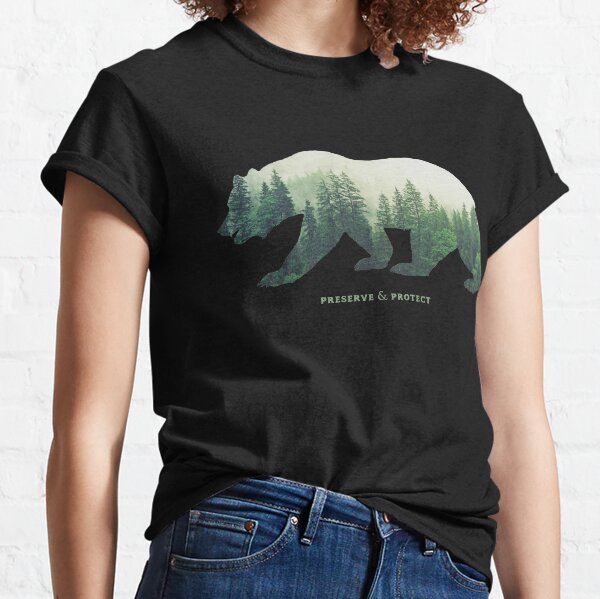 Preserve & Protect Nature Double Exposure Bear Silhouette Trees Forest Save the Environment Climate Change Wilderness Hiking Camping Classic T-Shirt