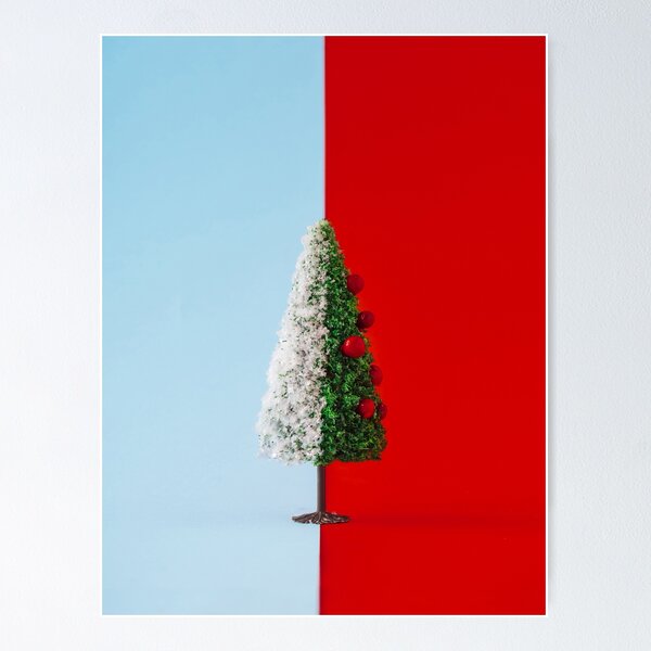 Item preview, Snowy Christmas tree on baby blue and red background. Elegant Christmas illustration designed and sold by HappyNoireArt.