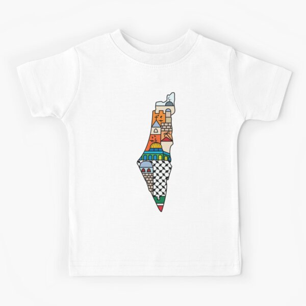 Vista previa del artículo con la obra «Amo Palestina, mi patria, mapa palestino con el patrón Kufiya Hatta y las ciudades más sagradas, blanco», diseñado y vendido por QualiTshirt.