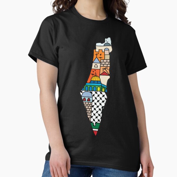 Vista previa del artículo con la obra «Amo Palestina, mi patria, mapa palestino con el patrón Kufiya Hatta y las ciudades más sagradas, blanco», diseñado y vendido por QualiTshirt.