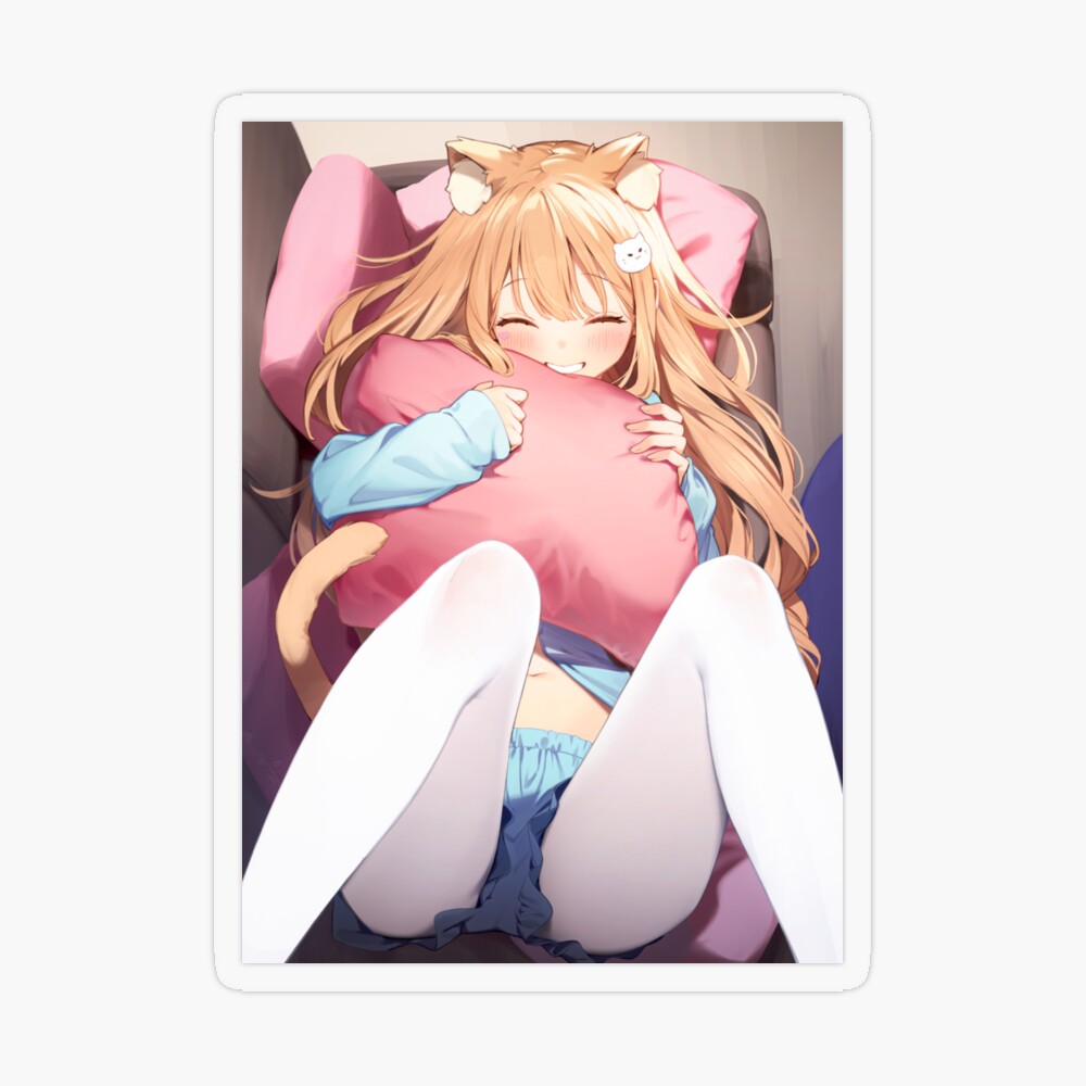 Cute anime girl hugging pillow