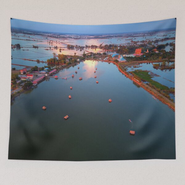 Item preview, Aerial Sunset Image of the Pink Temple Lake in Thailand. designed and sold by Huskyyy Designs.