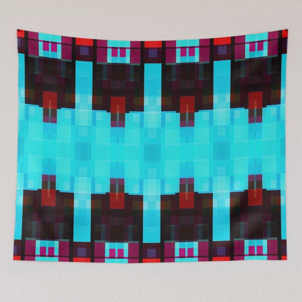 Item preview, symmetry art graphic design pixel geometric square pattern abstract background in blue red brown designed and sold by Mrvell.