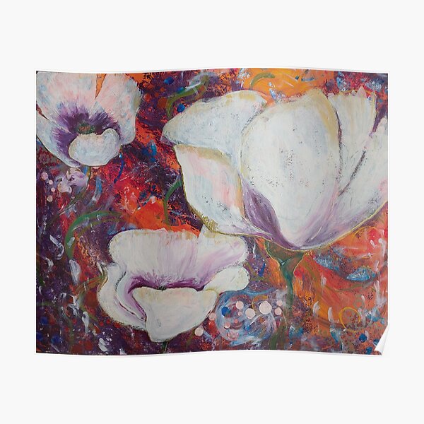 White Poppies Rain Poster