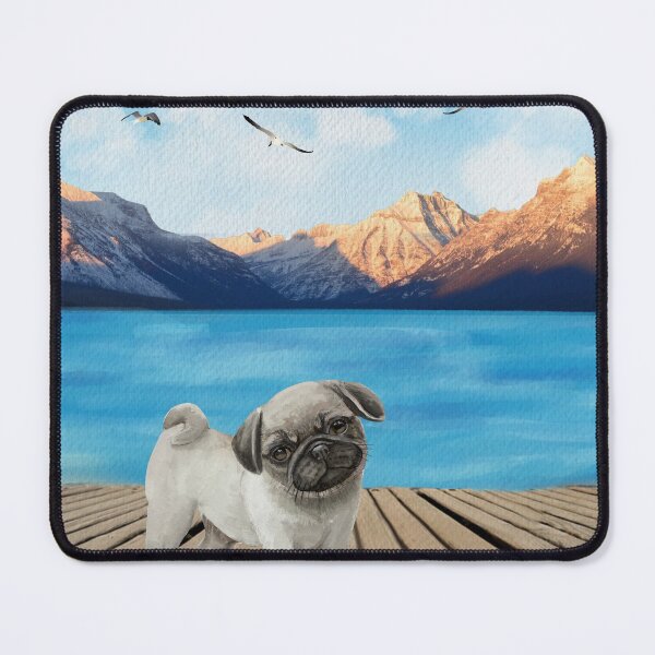 Item preview, Pug, Cheeky Pug, Lakeside Holiday Pug, Mountains, watercolor design, Mops Couture designed and sold by SandraGer.