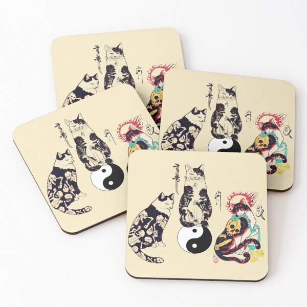 Item preview, THREE JAPANESE CATS IN SKULL,SKELETON TATTOOS AND YIN YANG SYMBOL designed and sold by BulganLumini.