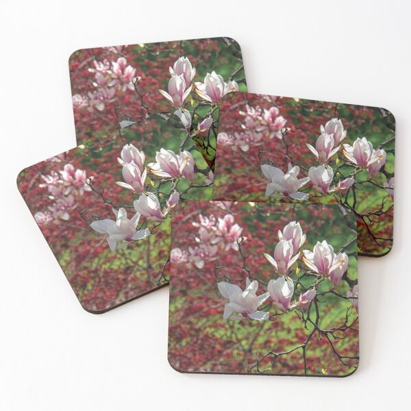 Item preview, Pink Magnolia Blossoms in front of Redbud Leaves designed and sold by wildvalecreate.