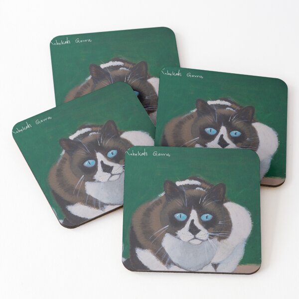 Item preview, Blue eyed black and white cat in green background designed and sold by Rebekah Gavra.