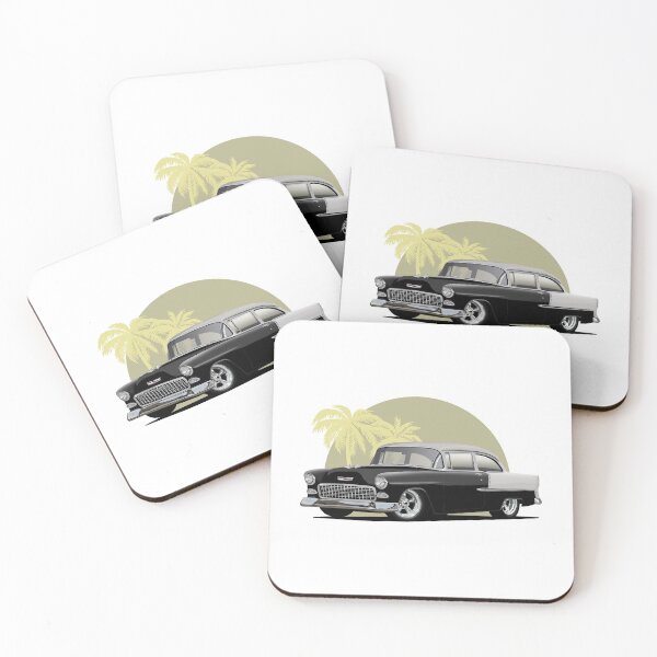 Item preview, Black 1955 Chevy Bel Air 2 Door with palm tree background designed and sold by Hamilton illustrations.