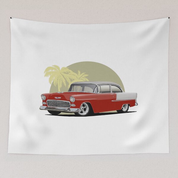 Artikelvorschau, Rot 1955 Chevy Bel Air 2 Tür mit Palmenhintergrund entworfen und verkauft von Hamilton illustrations.