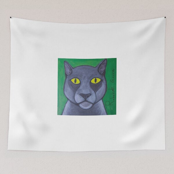 Artikelvorschau, Atemberaubende schwarze Katze mit gelben Augen in einem grünen Raum entworfen und verkauft von Rebekah Gavra.