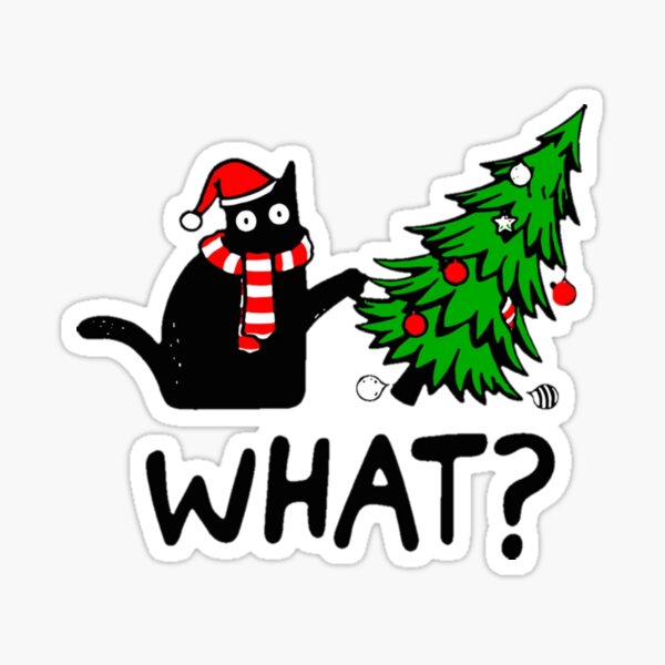 Funny Christmas Black Cat Gift - Cat Pushing Christmas Tree Sticker