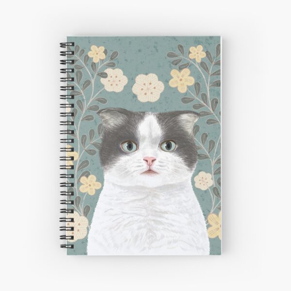 Adorable white cat resting on floral background, digital painting. Spiral Notebook