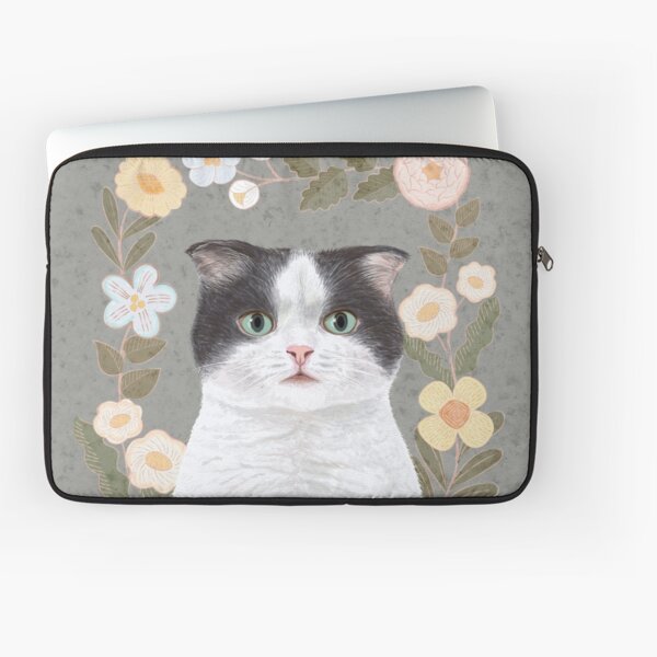 Adorable white cat resting on floral background, digital painting. Laptop Sleeve