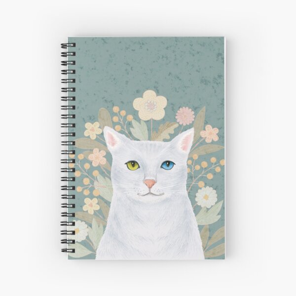 Adorable white cat resting on floral background, digital painting. Spiral Notebook