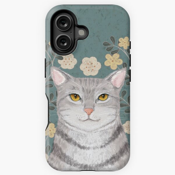 Adorable cat resting on floral background, digital painting. iPhone Tough Case