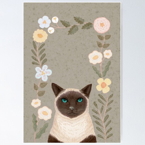Adorable cat resting on floral background, digital painting. Poster