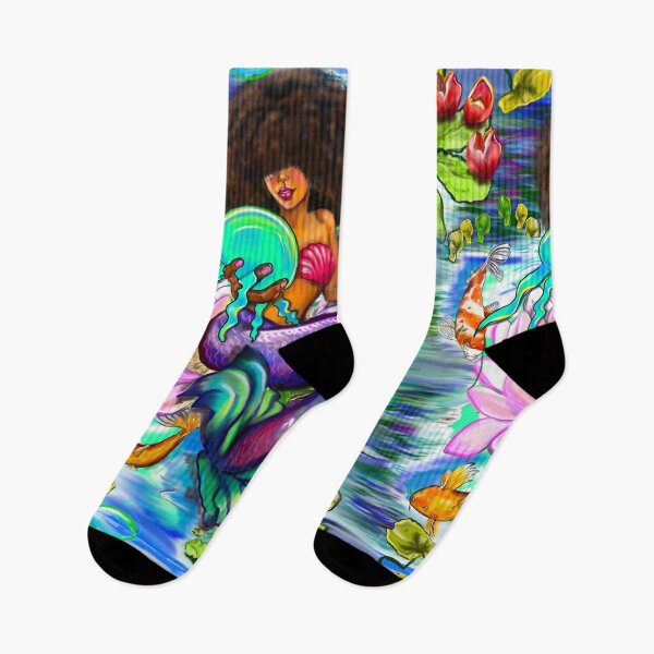 Item preview, Mermaid holding a jellyfish with Koi fish in koi pond with plants and flowers designed and sold by Artonmytee.