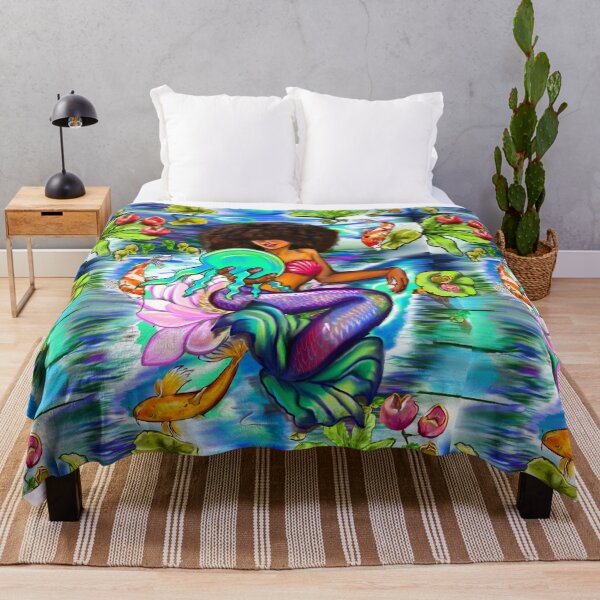 Item preview, Mermaid holding a jellyfish with Koi fish in koi pond with plants and flowers designed and sold by Artonmytee.