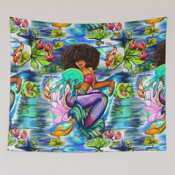 Item preview, Mermaid holding a jellyfish with Koi fish in koi pond with plants and flowers designed and sold by Artonmytee.