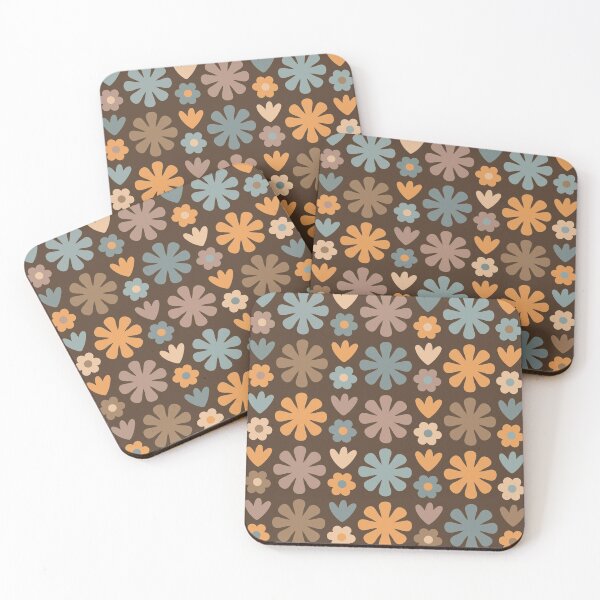 Item preview, Scandi Floral Grid Retro Flower Pattern Brown Orange Slate-Blue designed and sold by kierkegaard.