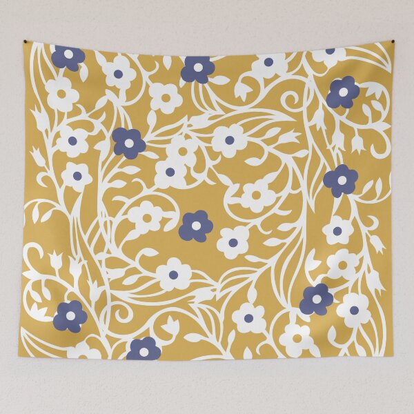 Aperçu de l'œuvre Flowers, leaves, vines, white, yellow, ochre, navy blue créée et vendue par Svitac.