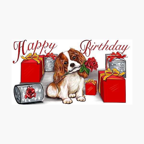 "Happy birthday Cavoodle puppy dog with rose in its mouth surrounded by ...