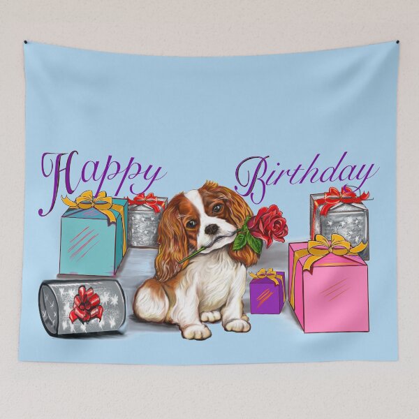 Item preview, Happy birthday Cavoodle puppy dog with rose in its mouth surrounded by gifts ii. Cavapoo birthday designed and sold by Artonmytee.