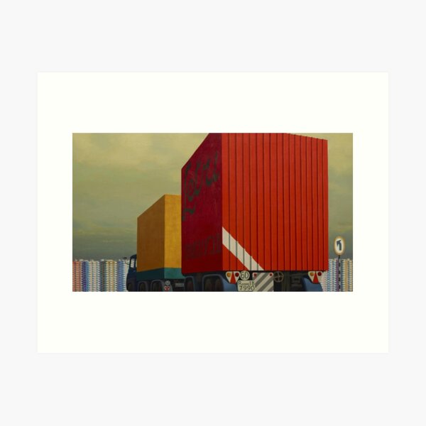 Jeffrey Smart - Truck and Trailer Approaching a City (1973), oil on canvas. High quality reproduction print of the iconic painting by the great Australian painter. Art Print