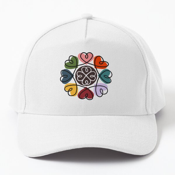 "Happy Hearts" Hand-drawn Boho Mandala Modern Pink Red Orange Yellow Blue Green Graphic Designer Print Baseball Cap
