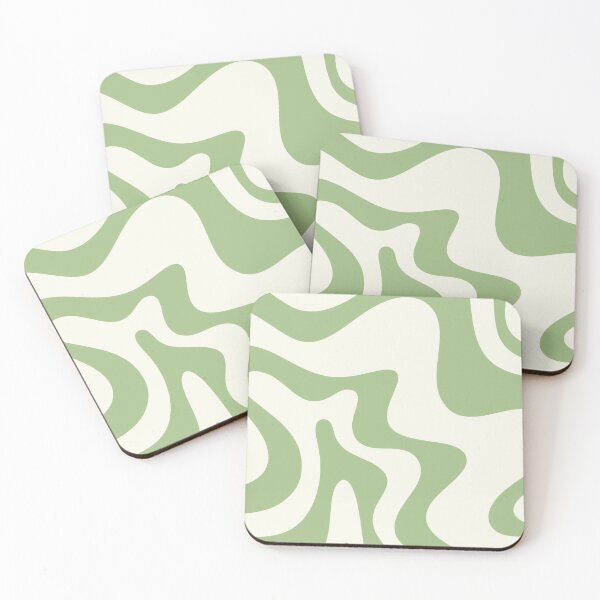 Retro Liquid Swirl Abstract Pattern in Light Sage Green and Cream 4 Coasters (Set of 4)