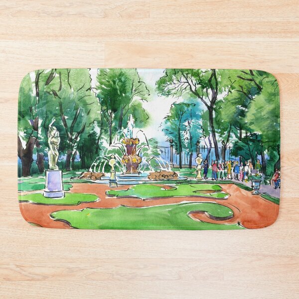 Item preview, Summer park with fountain, statues, and tourists, hand-drawn urban watercolour sketch designed and sold by Irina Ivanova.