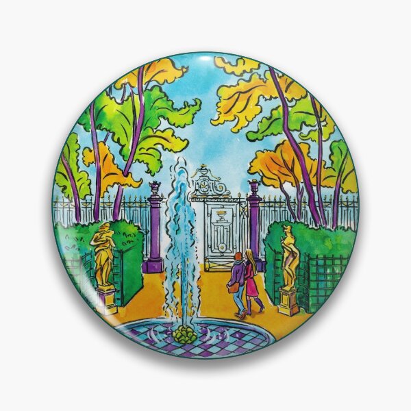 Item preview, Summer park with fountain, statues, and tourists, hand-drawn decorative city watercolour artwork designed and sold by Irina Ivanova.