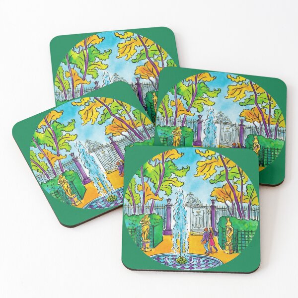 Item preview, Summer park with fountain, statues, and tourists, hand-drawn decorative city watercolour artwork designed and sold by Irina Ivanova.