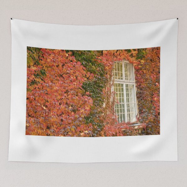 Item preview, wall with window and colorful creeper leafs in autumn  designed and sold by goceris.