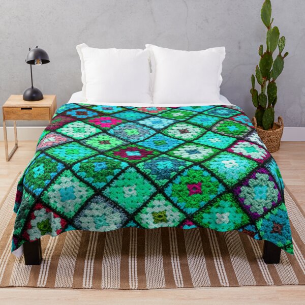 Crochet granny square pattern marine blue Throw Blanket