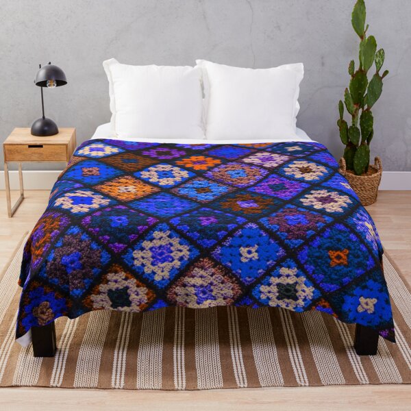 Crochet granny square pattern luminous blue Throw Blanket
