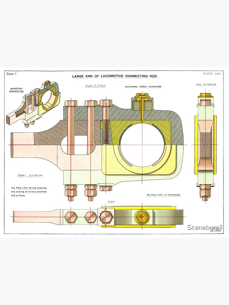 "Vintage drawing of a steam engine connecting rod" Art Print by