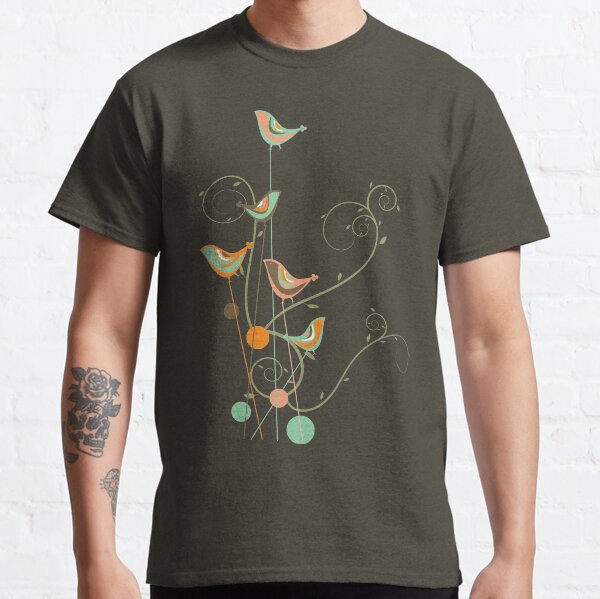Colorful Summer Orange, Chocolate and Mint Whimsical Birds with Swirls © fatfatin Classic T-Shirt