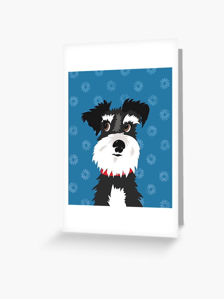 Black and White Miniature Schnauzer Dog with Blue Daisies Black And White Miniature Schnauzer Dog With Blue Daisies