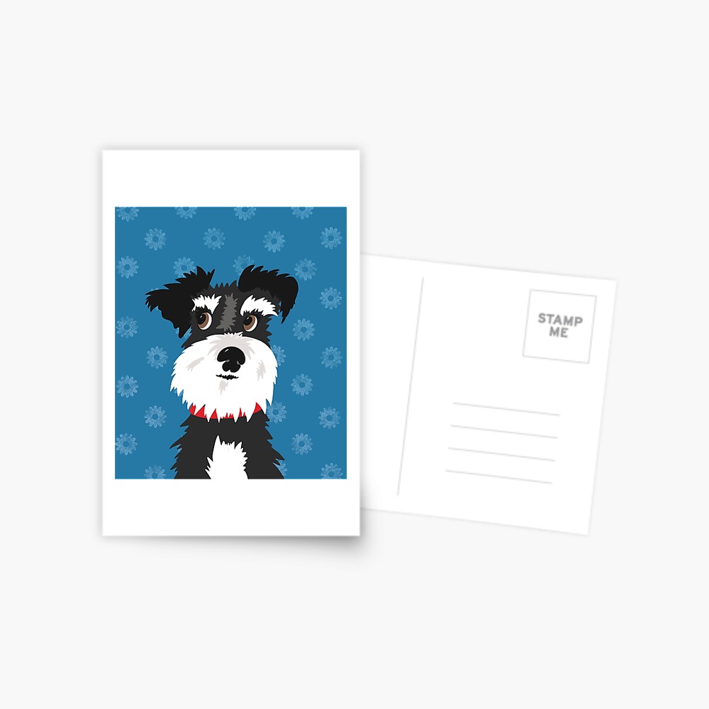 Black and White Miniature Schnauzer Dog with Blue Daisies Black And White Miniature Schnauzer Dog With Blue Daisies