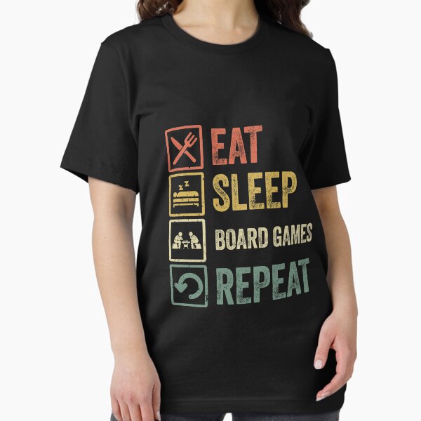 Vista previa del artículo con la obra «Funny eat sleep board games repeat retro vintage», diseñado y vendido por HN-ART.