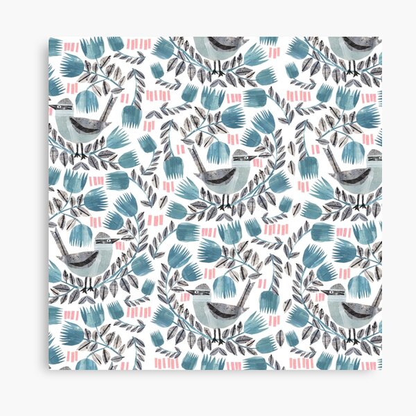 Grey Birds with Flowers Canvas Print
