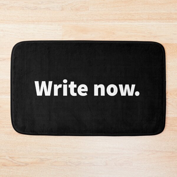 Item preview, Write now; witty bold white text design on a black T-shirt, sticker, notebook, and journal offering encouragement for young writers and novel authors.  designed and sold by PlainCrankyT.