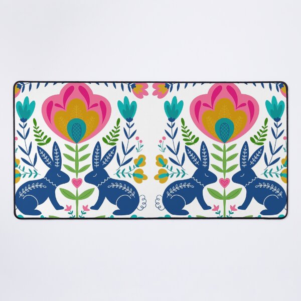 Rabbit Folk Art Cottaagecore Flowers Desk Mat
