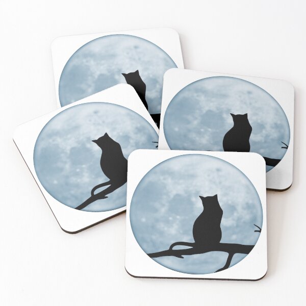 Item preview, Silhouette cat looking at a blue moon designed and sold by FinishYourSong.